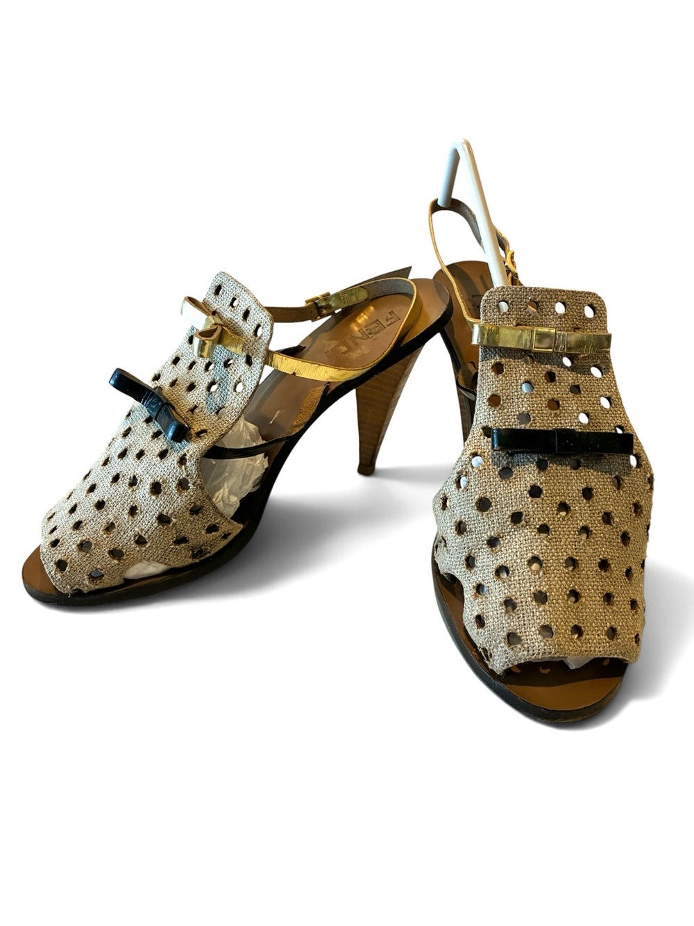 Vintage Fendi sling back perforated fabric and leather angled heel sandals. Sz39